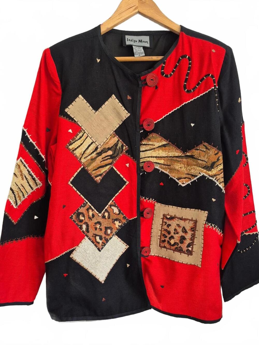 Indigo Moon Vintage Women’s Red Black Beige Abstract Patchwork Jacket Toggle
